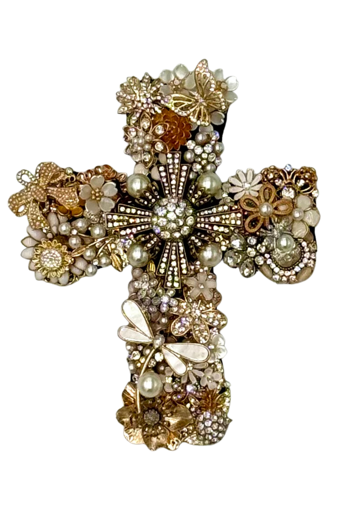 Small Gold + White Cross with Dragonfly