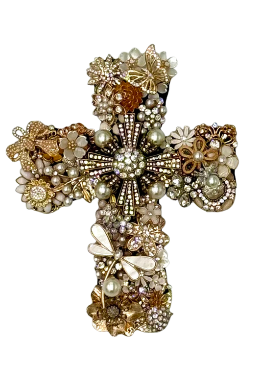 Small Gold + White Cross with Dragonfly