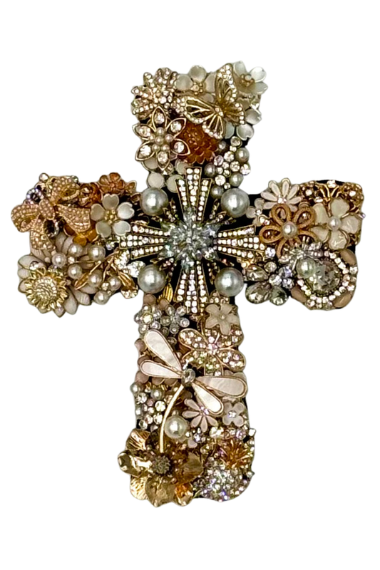 Small Gold + White Cross with Dragonfly