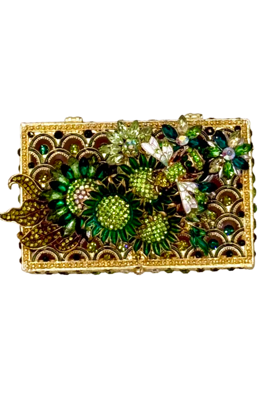 Jeweled Green Box with Sunflowers + Bee